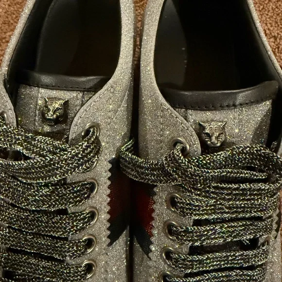 Gucci Silver Glitter Sneakers with Red and Blue Stripes